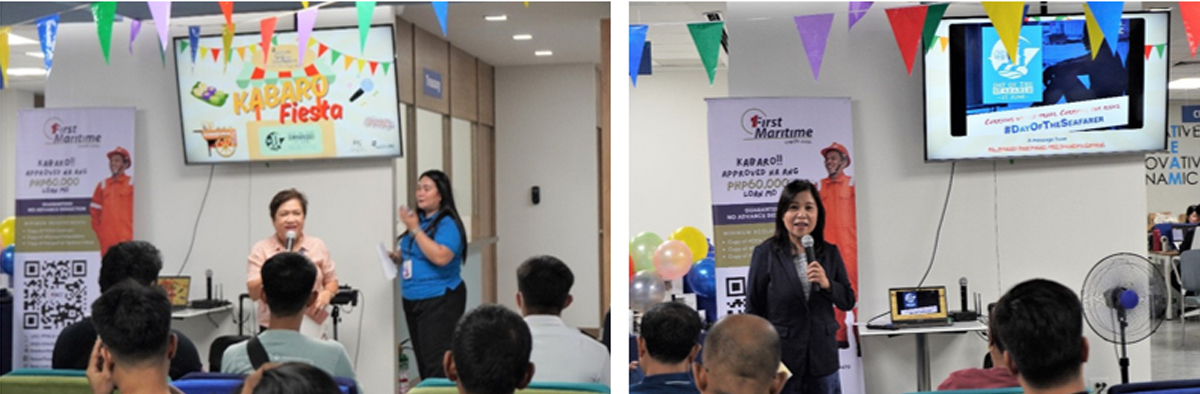Day of the Seafarer-3 | PTC Two speakers address an audience at a festive event with banners, a 'KABARO Fiesta' screen, and balloons in a bright hallway stage area.