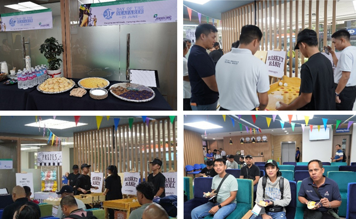 Day of the Seafarer-4 | PTC Collage of an indoor event: a long table with snacks and drinks beneath banners, and a sign-in area in the background.
