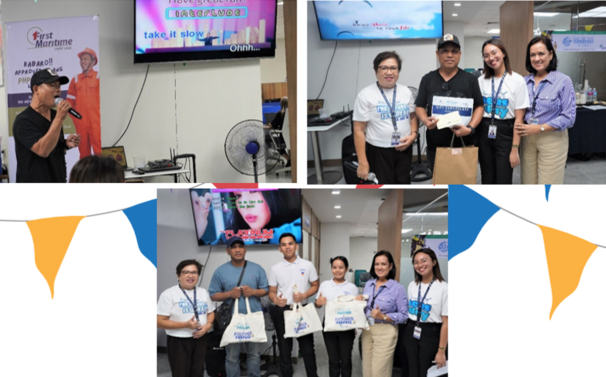 Day of the Seafarer-5 | PTC Group of people at an indoor event: singer on stage, attendees posing with envelopes and gift bags, screens display messages on the wall.