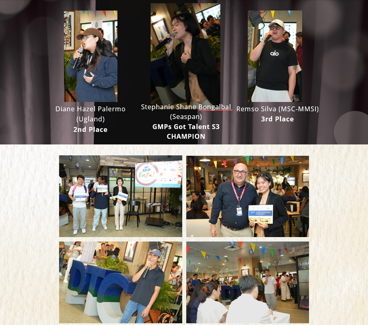 PTC marks Day of the Seafarer 2026-6 | PTC Collage from a GMP event showing podium portraits of 2nd, champion, and 3rd place winners at the top, with four photos below of participants receiving certificates and mingling at the celebration.