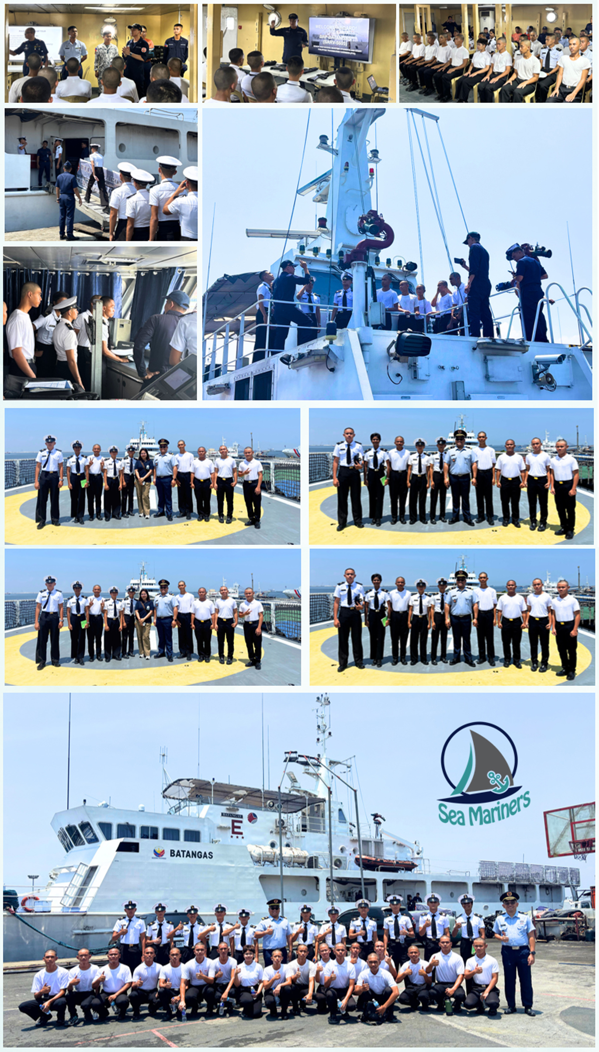 Panel collage showing maritime trainees in classrooms, on a ship bridge, and posing for group photos during a training program with a Sea Mariners logo visible on the dockside.