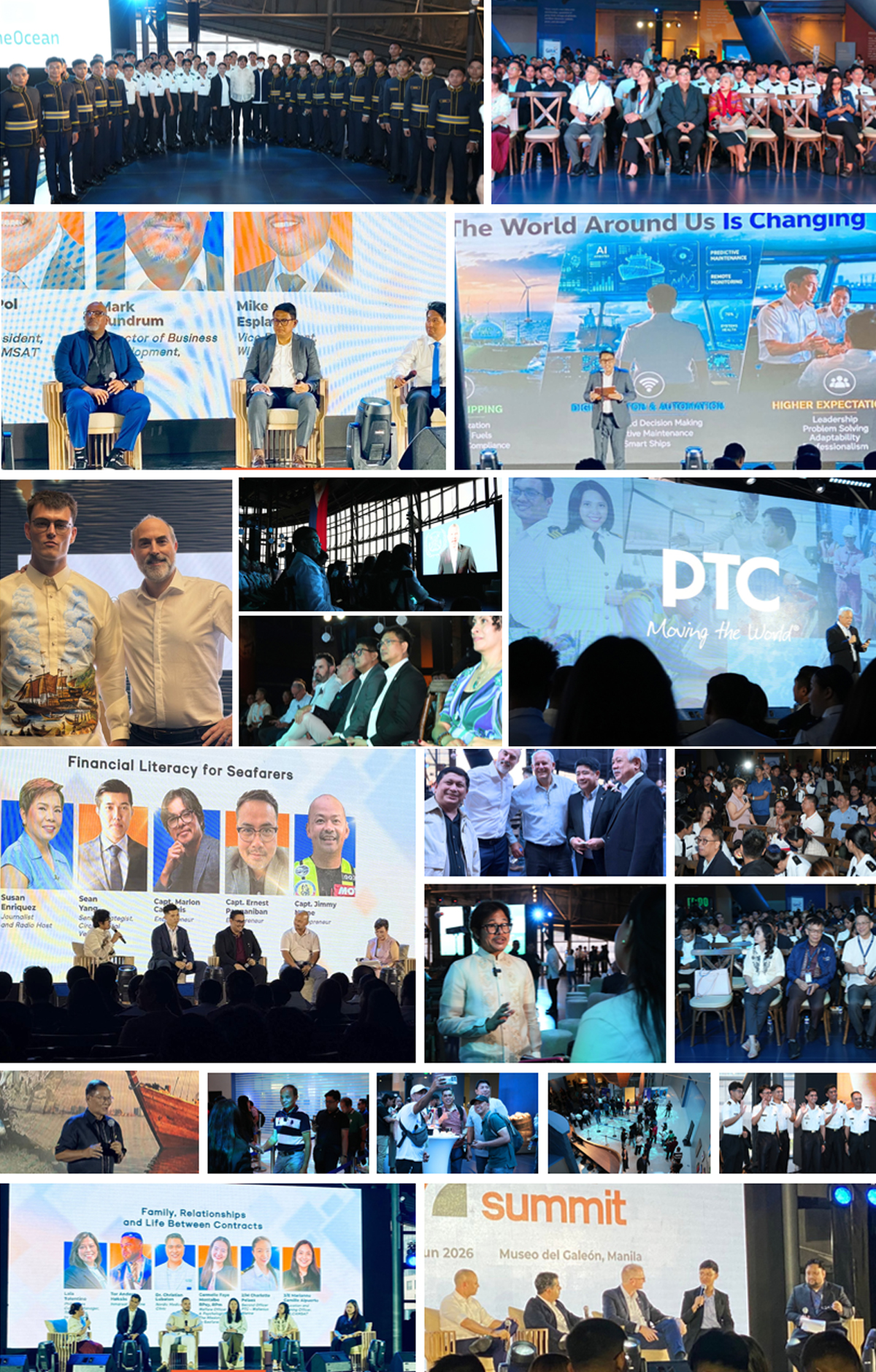 Seafarer Social Summit 2026-4 | PTC Collage showing a conference: people on stage, panel discussions, and audience in a large venue with screens and banners behind them.
