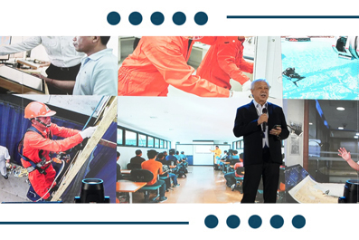 Collage of professionals: construction worker, people in a training room, a man presenting, and a dining area.