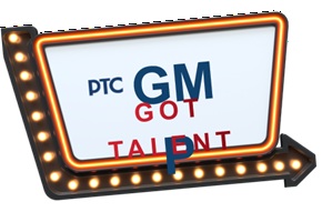 Illuminated marquee sign reading 'PTC GM GOT TALENT' with a rightward arrow, used as a promotional banner.