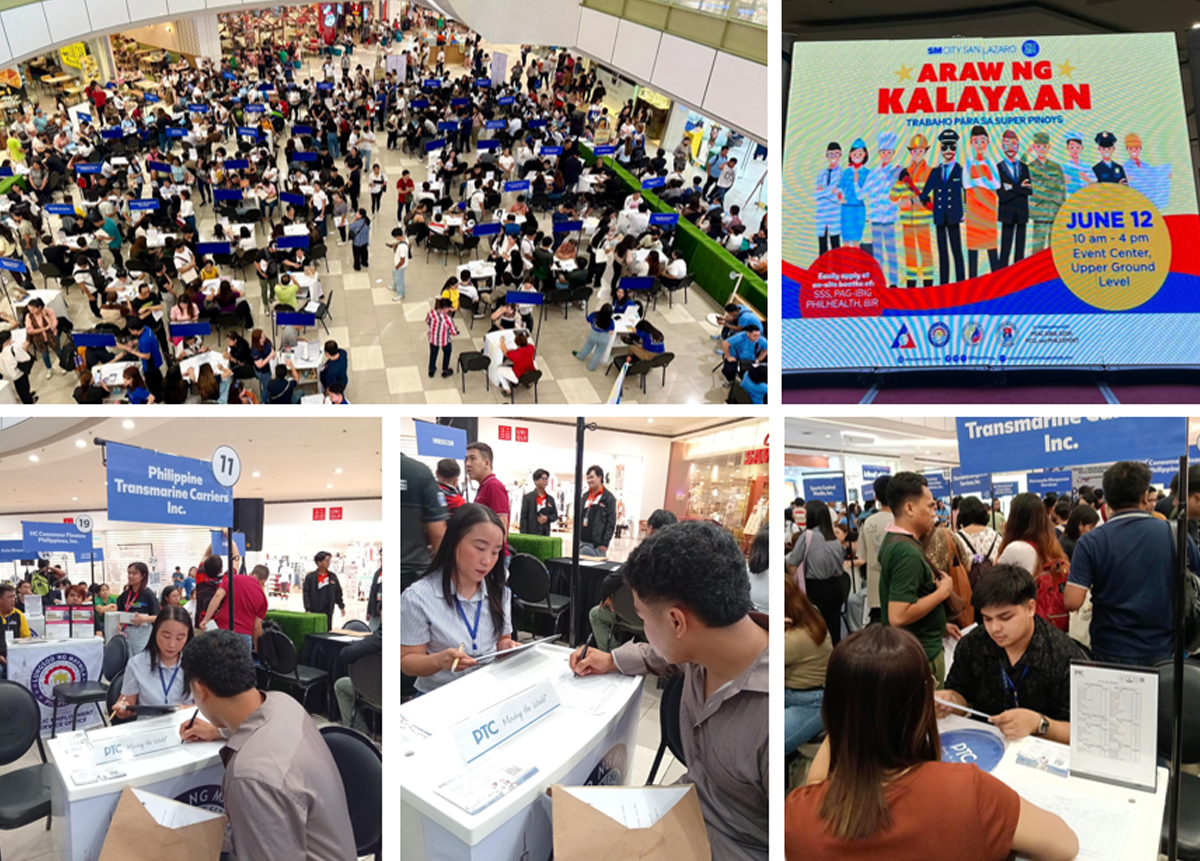joins Kalayaan Job Fair 2026-3 | PTC Large busy expo hall with many people seated at tables and standing in line, participating in a job fair or recruitment event, viewed from above. and
