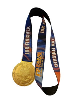 Gold medal attached to a blue and orange ribbon reading '10K FINISHER'.