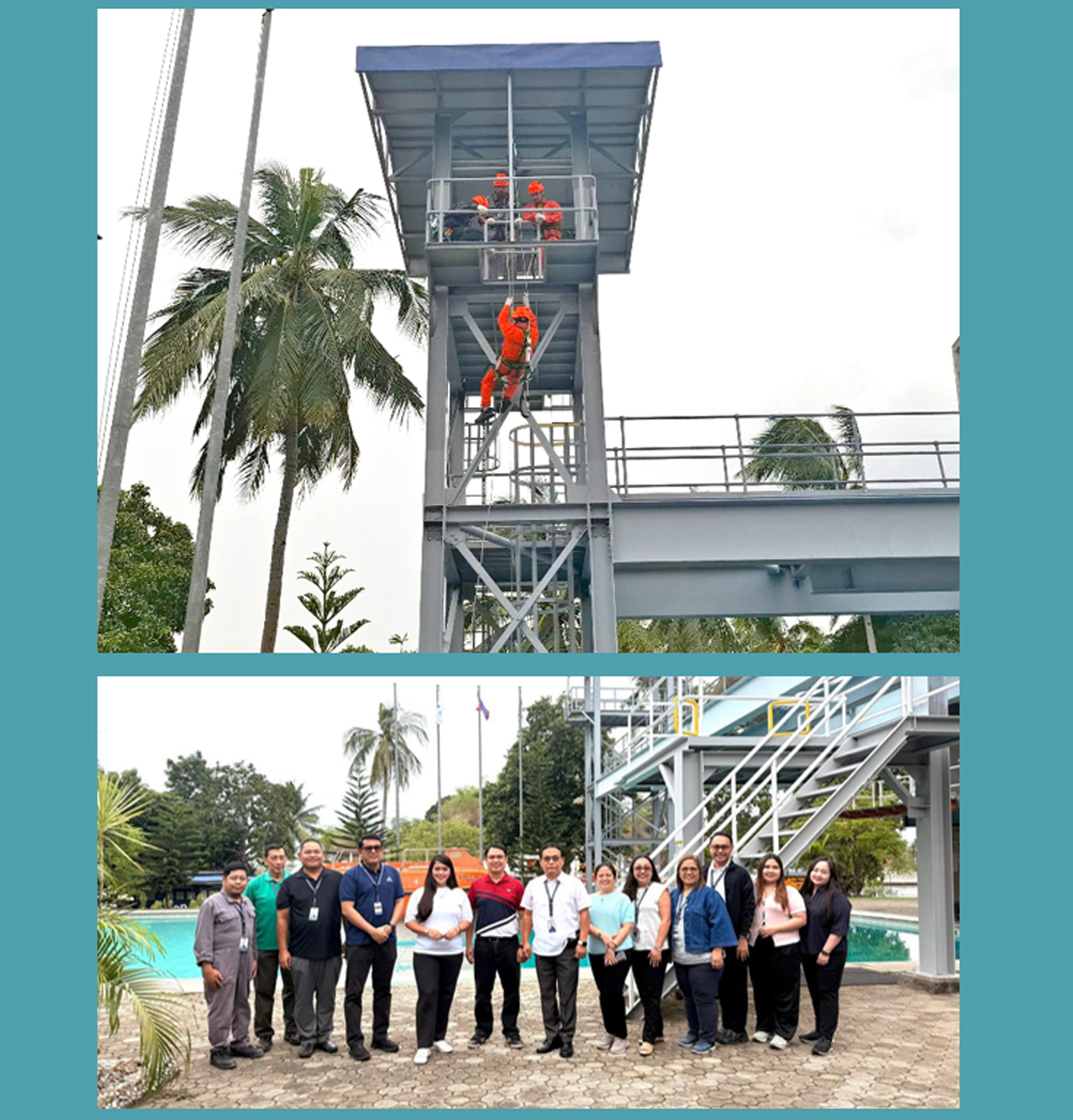 renews GWO Certification-3 | PTC Orange-suited worker lowers along a rope from a steel lookout tower while others watch from the platform above (training exercise).