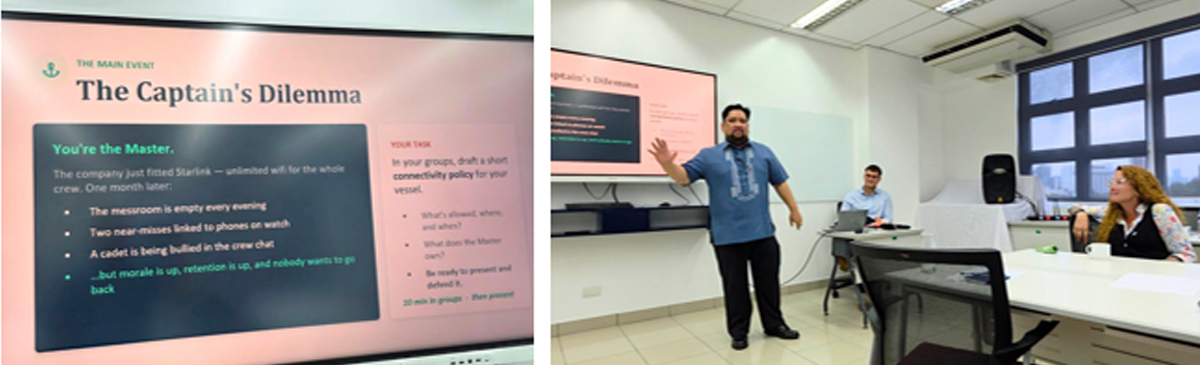 Presenter in a blue shirt explains a slide titled 'The Captain's Dilemma' to students in a bright classroom with a large screen behind him.