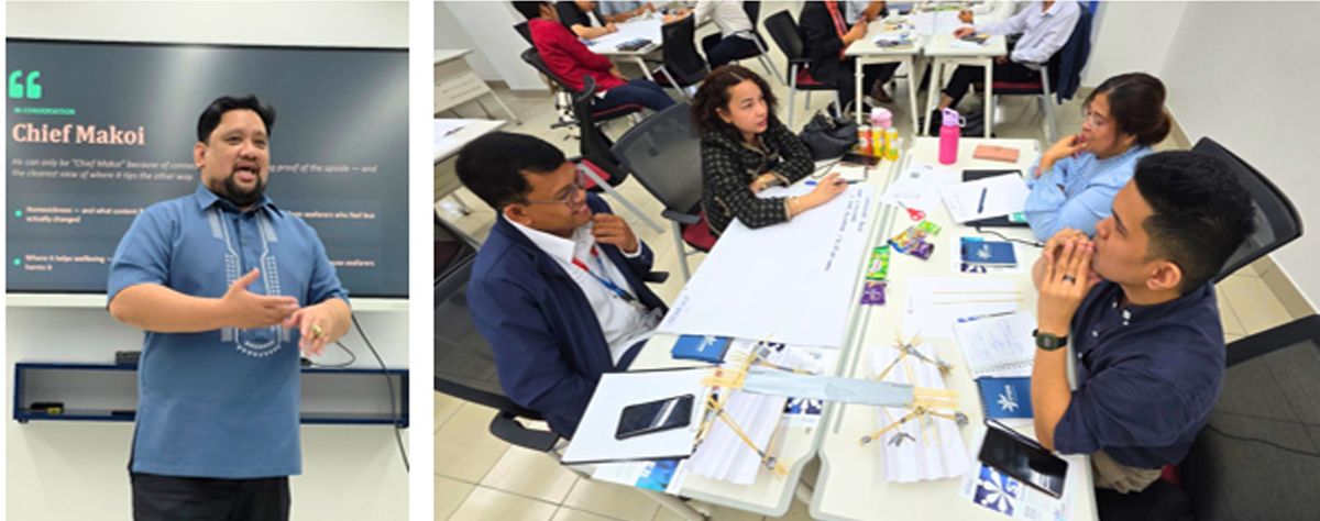 Two-panel image: left shows a man in a blue polo presenting in front of a screen; right shows a diverse group around a table discussing with papers and notebooks at hand.
