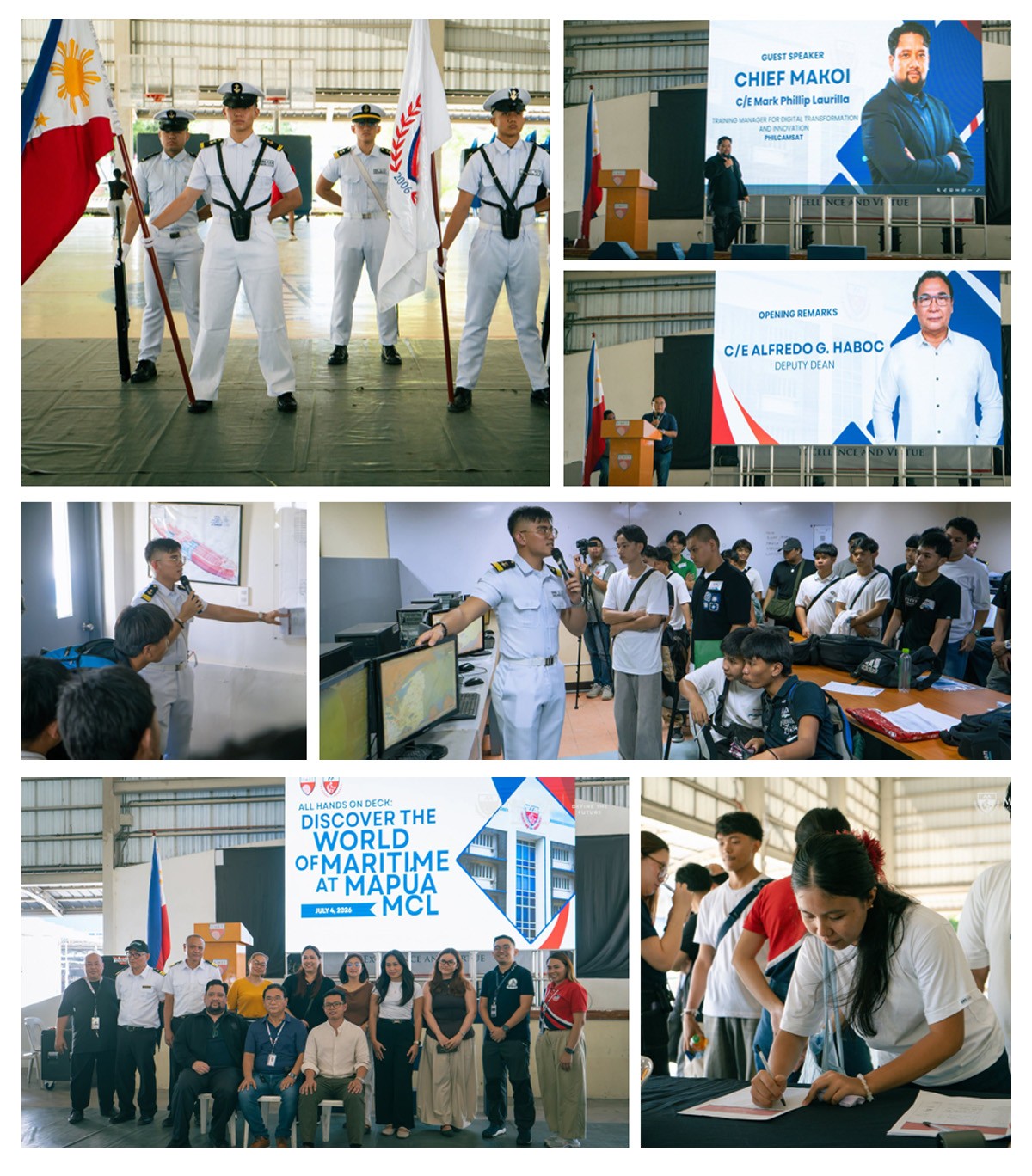 Mapúa-PTC CMET 03 | PTC Group of uniformed cadets presenting flags in a large hangar-like hall; formal ceremony image set edge-to-edge collage show flags and uniforms