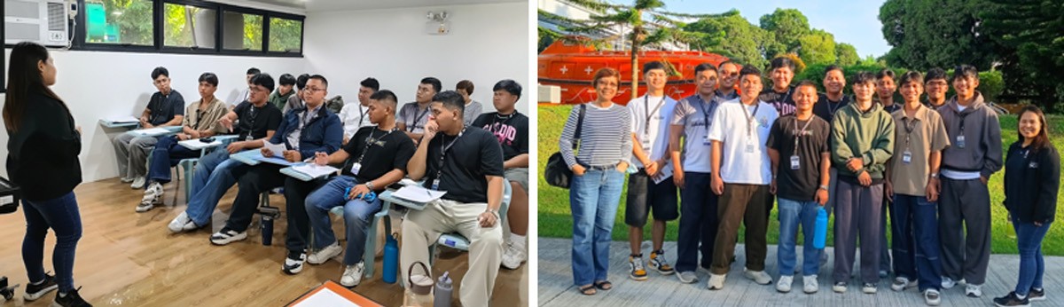 PHILCAMSAT conducts Cadet Resilience Program 03 | PTC Side-by-side image: left a woman instructor addresses a classroom of students taking notes; right a diverse group of trainees posing outdoors with a red emergency vehicle behind.