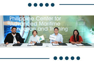 Panel of four people seated at a table during a maritime education event, with a banner reading 'Philippine Center for Advanced Maritime Education and Training' in the background.