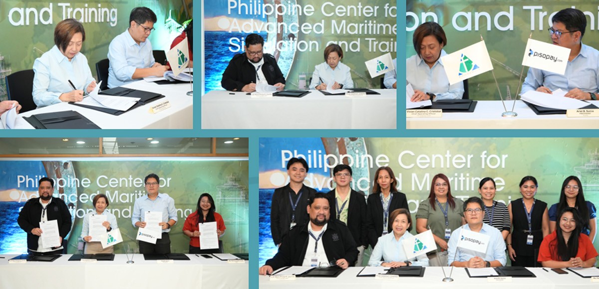 PHILCAMSAT partners with PisoPay 03 | PTC Collage of people signing documents at a formal ceremony, with a green backdrop and flags on the table.