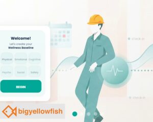 PTC JPMI and Big Yellow Fish 04 | PTC Welcome screen of a wellness app with category tiles (Physical, Emotional, Cognitive, Psy che, Social, Safety) and a large BEGIN button; a teal-suited worker figure in the background.