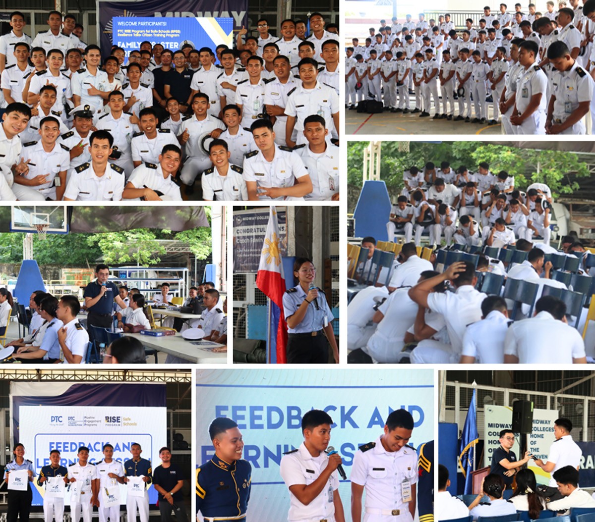 PTC RISE Program 04 | PTC Group photo of many maritime cadets in white uniforms at a training program in a large hall/area, smiling for the camera.