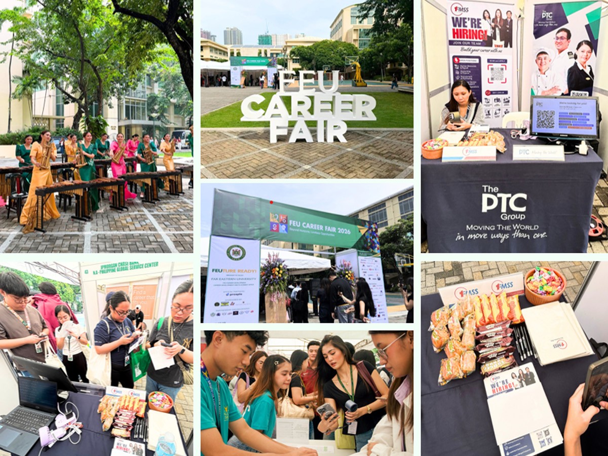 PTC TAG participates in FEU Career 03 | PTC Collage of a university career fair: students visit booths, recruiters engage with attendees, and banners read 'FEU Career Fair'.