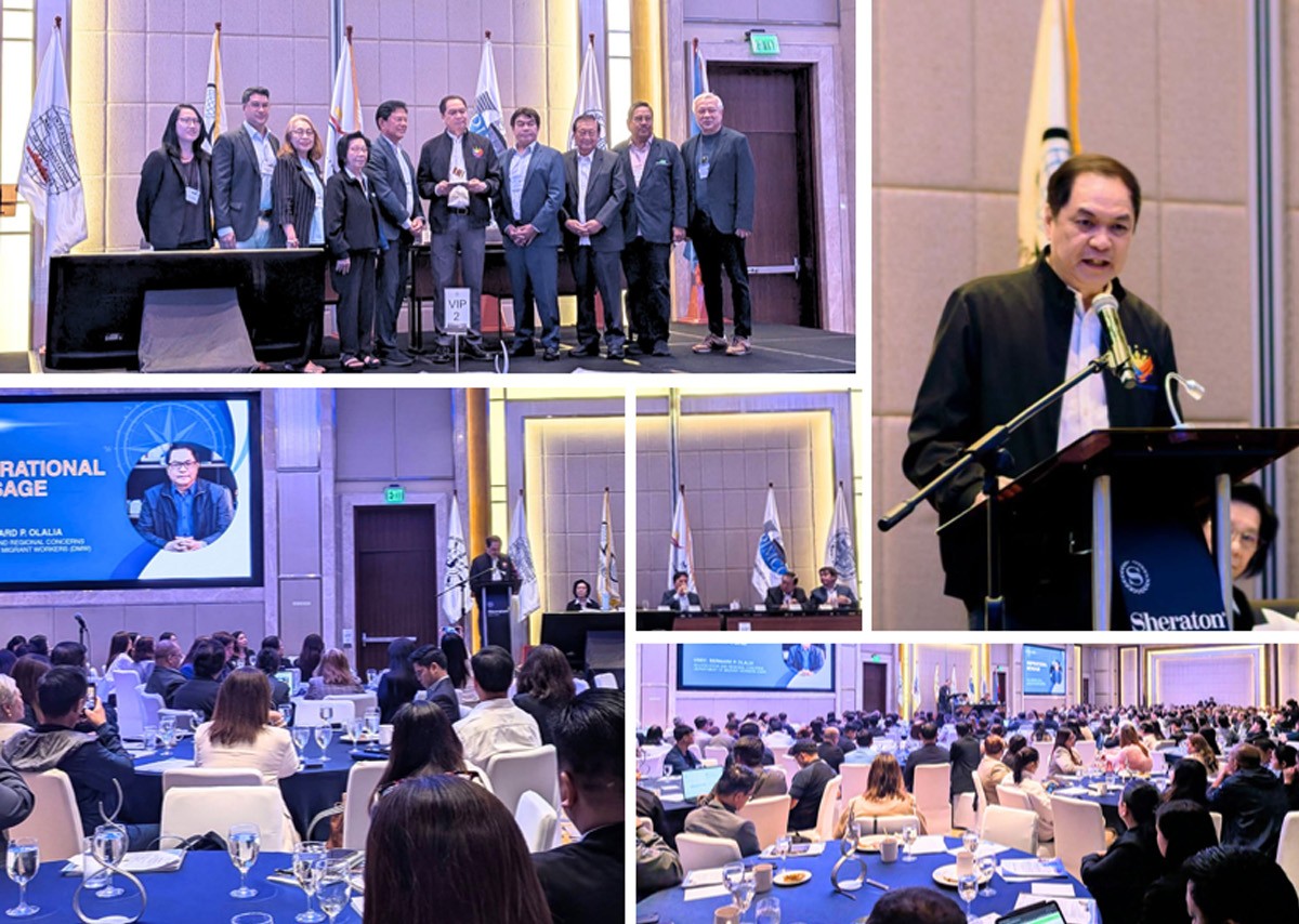 PTCs Capt Ronald Enrile supports DMW 03 | PTC Group of professionals on a stage posing for a photo at a conference, with flags in the background and a VIP area marked VIP 2 on a stand in front.