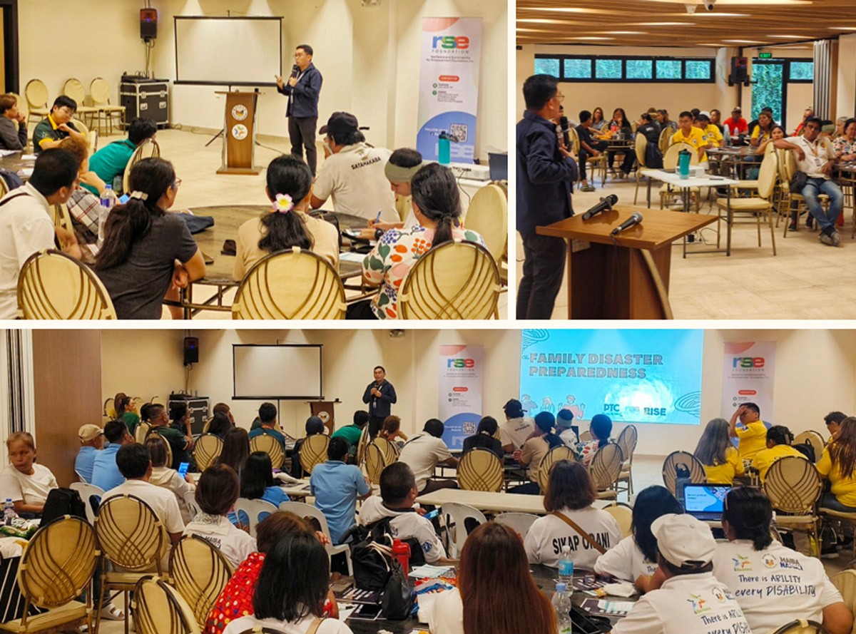 RSE Foundation facilitates RISE Citizen 03 | PTC Speaker presenting to an audience at a family disaster preparedness workshop, with banners and a podium on stage.