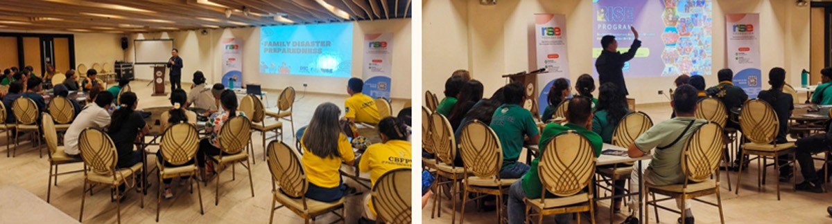 RSE Foundation facilitates RISE Citizen 04 | PTC Audience seated in a conference room listening to a presenter beside a slide reading 'Family Disaster Preparedness'.
