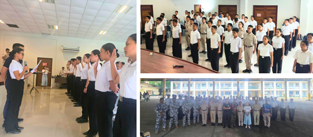 Collage of three scenes: an instructor reading a pledge indoors as students raise their right hands, rows of students standing at attention indoors, and a large group of cadets posing outdoors.