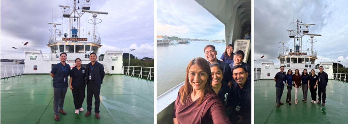 Strengthening onboard excellence 03 | PTC Four crew members pose on the ship's green deck with the vessel's bridge behind them on a sunny day.